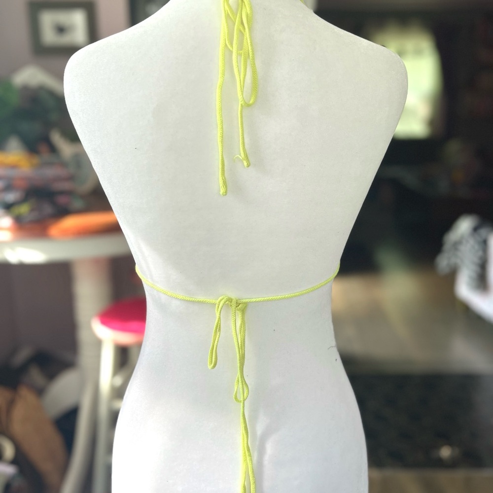 ❣️SOLD❣️Pink and Green Crochet Bikini Top with Halter Ties - Picture 3 of 4